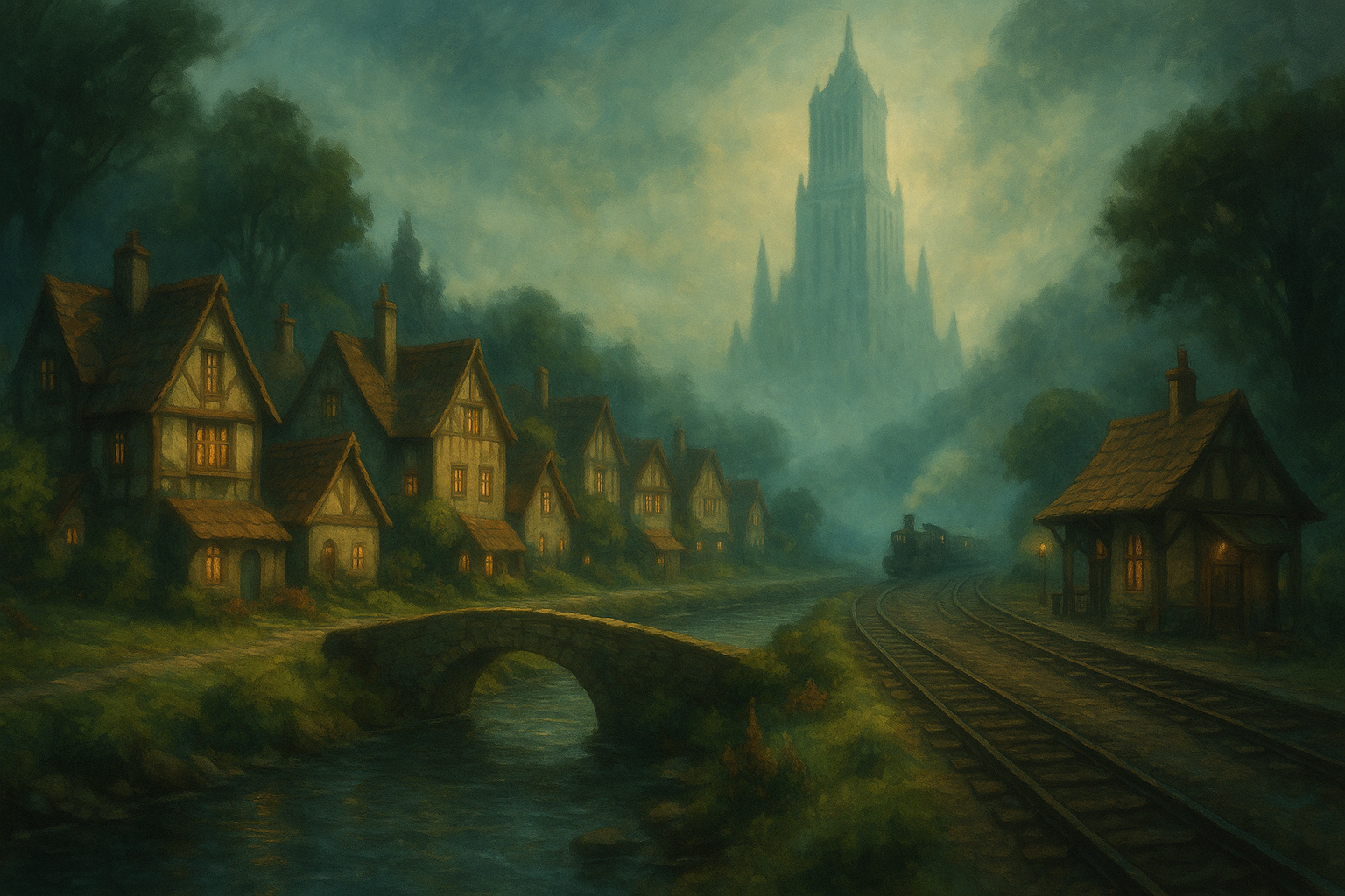 Painting of Limmora by the river with the Grand Archive in the distance